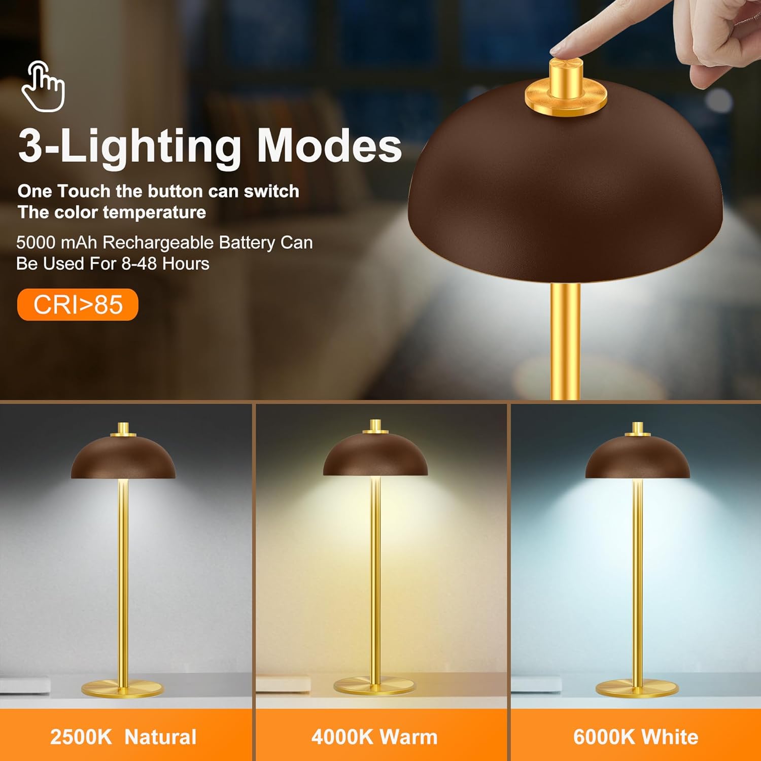 Lámpara LED inalámbrica, lámpara de mesa de batería recargable, USB One Touch de 3 velocidades con atenuación continua, lámpara de mesa portátil