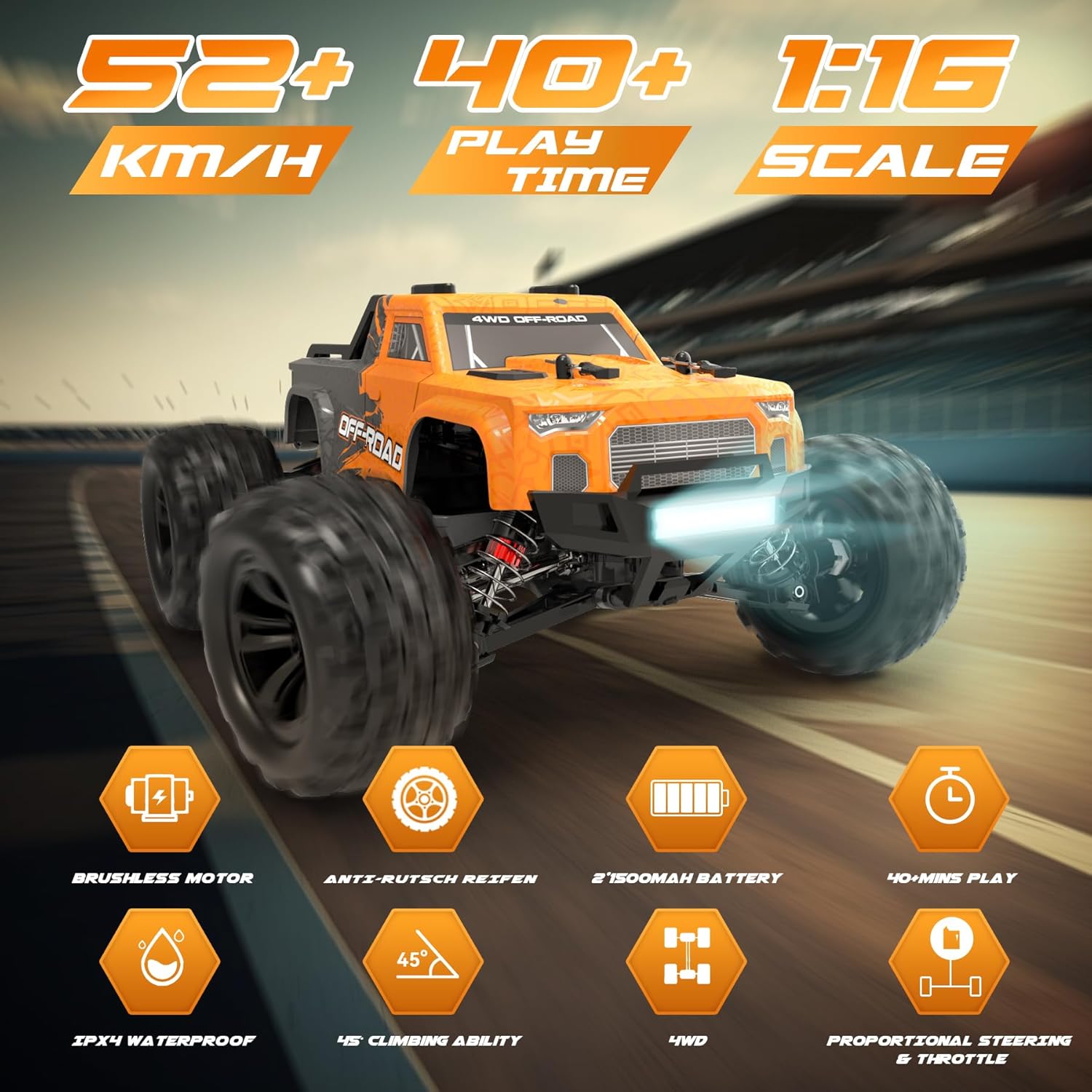 Hosim 116 RC Car 36+KMH, 116 Rc Monster Trucks para adultos 52+KMH de alta velocidad 4X4 todos los terrenos impermeable todoterreno grado afición