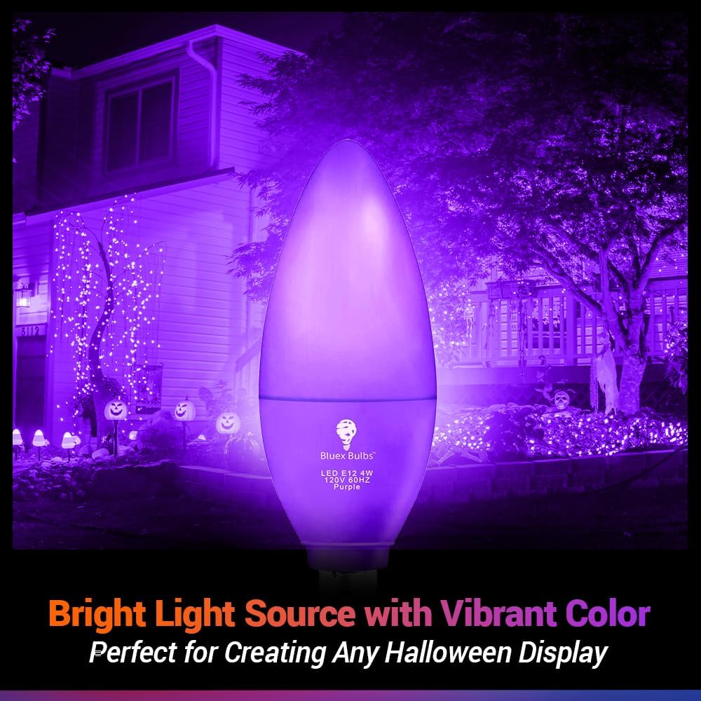 BlueX – Paquete de 6 bombillas LED moradas de 4 W (equivalente a 40 vatios) – Base E12 púrpura bombilla LED morada, decoración de fiestas, porche,