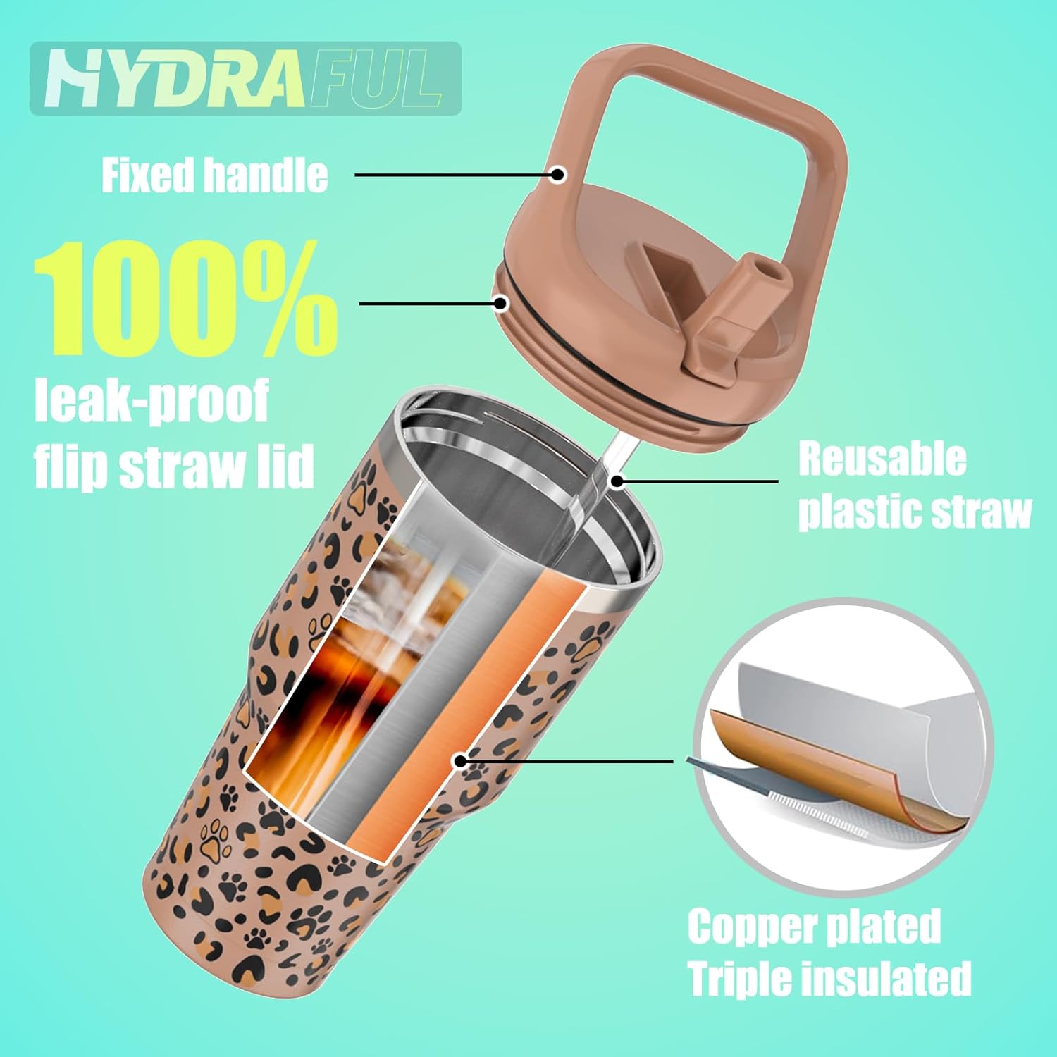 Vaso con asa y popote, a prueba de fugas, botella de agua aislada al vacío, para el hogar, al aire libre, taza de café de viaje de acero inoxidable