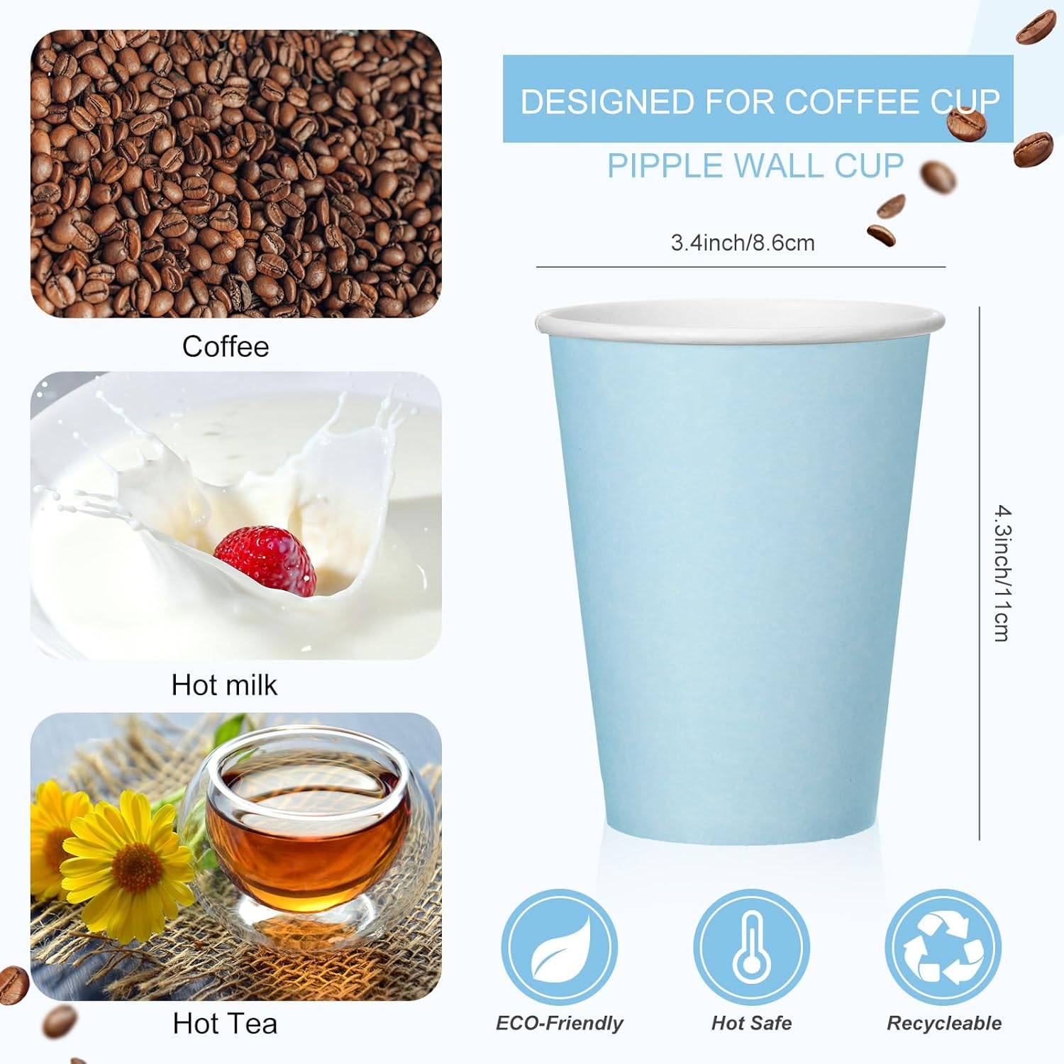 48 tazas de café desechables de 12 onzas con tapas y fundas a granel, tazas de papel aisladas para bebidas calientes y frías, jugo de agua, cacao,
