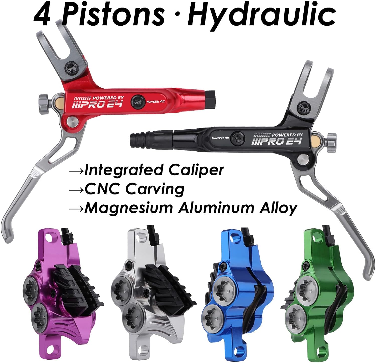 JFOYH Juego de frenos de disco hidráulico E4 MTB de 4 pistones mejorados con pastillas de metal de refrigeración para bicicleta de montaña