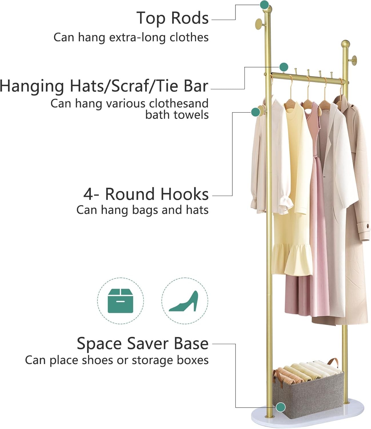 uyoyous Percheros dorados con base de madera, estantes de ropa dorados con estante para boutique, dormitorio, entrada, pasillo
