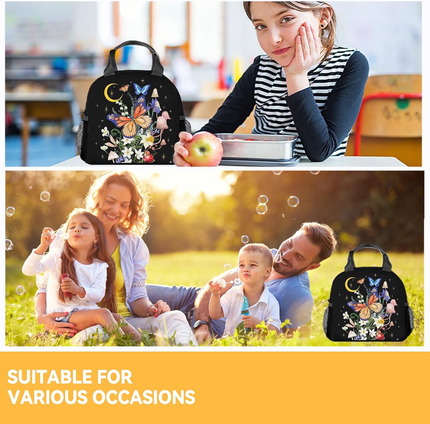 Lonchera de mariposa para niñas y mujeres, bolsas de almuerzo reutilizables aisladas con asa – Pequeña lonchera negra linda para niños – Ideal para