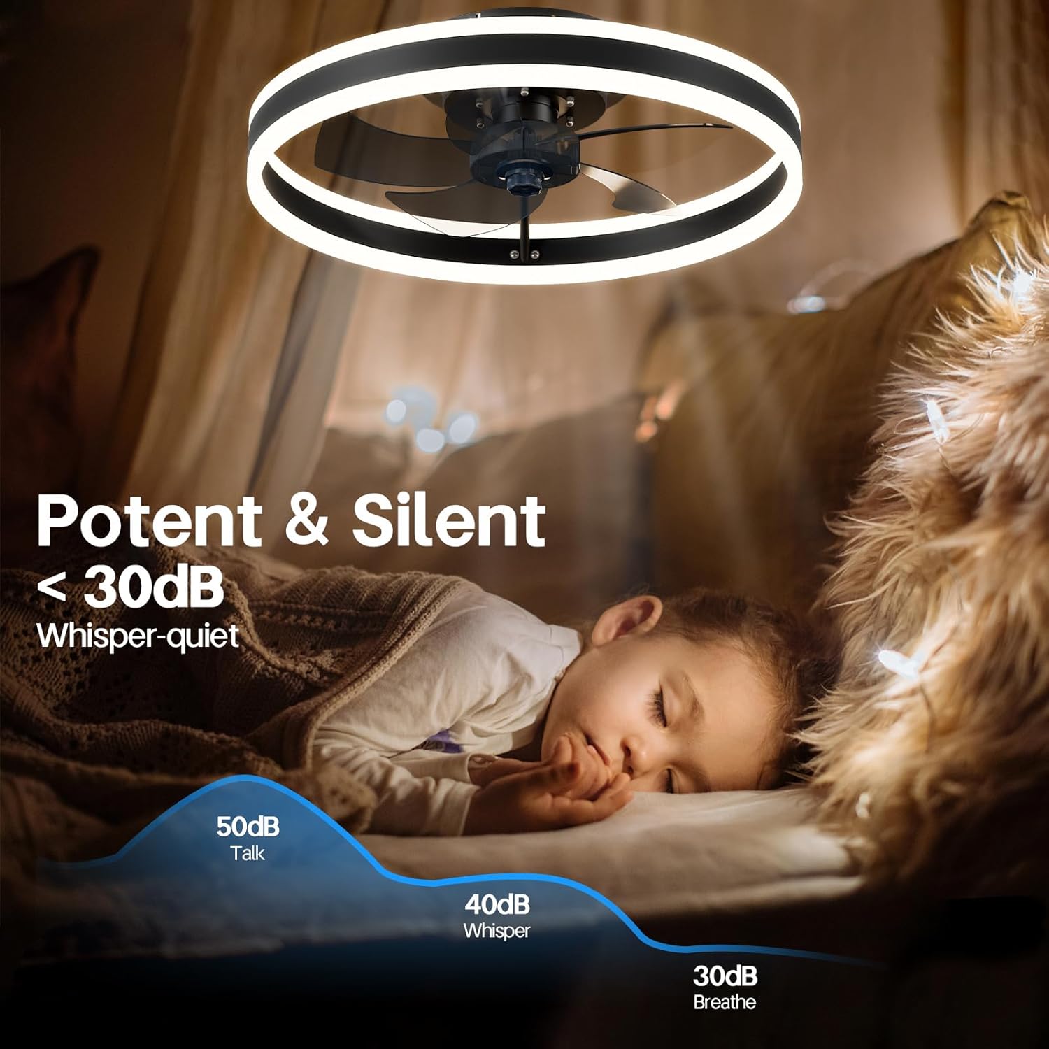Ventilador de techo LED de perfil bajo de 19.7 pulgadas con luz, moderno, montaje empotrado semi-cerrado, aplicación inteligente y control remoto, 6