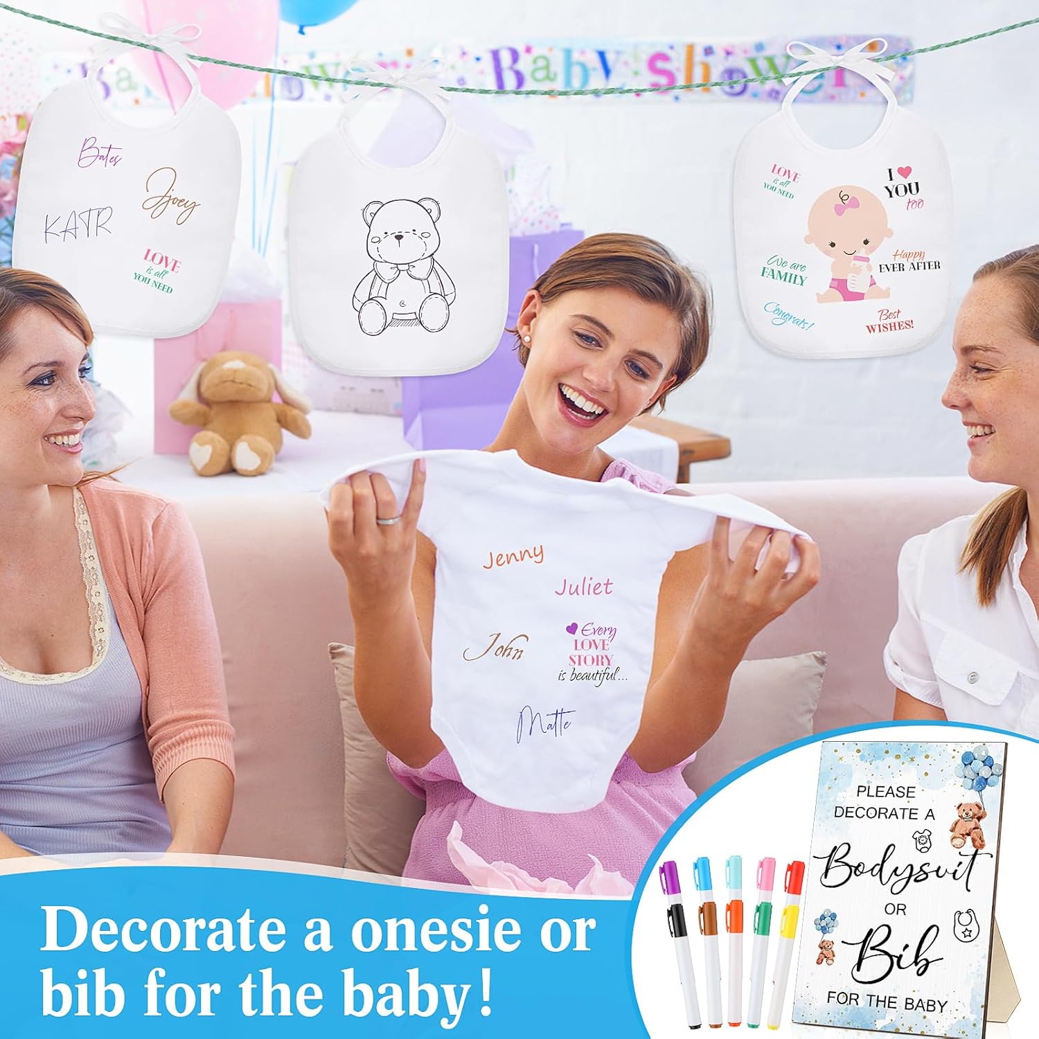35 piezas de juegos de baby shower, diseño de baberos de bebé, letrero de madera para baby shower, letrero de bricolaje, 15 baberos blancos en
