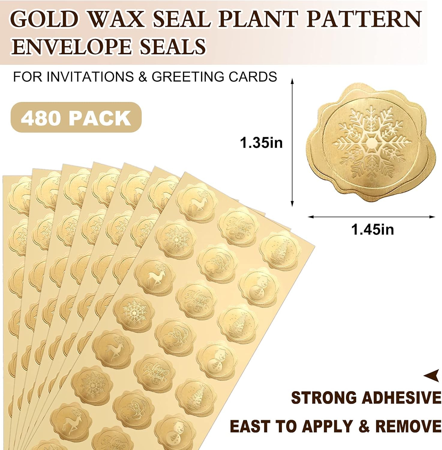 480 calcomanías de sobres de Navidad, calcomanías de papel dorado en relieve, calcomanías de sellos de cera, calcomanías adhesivas de flores para