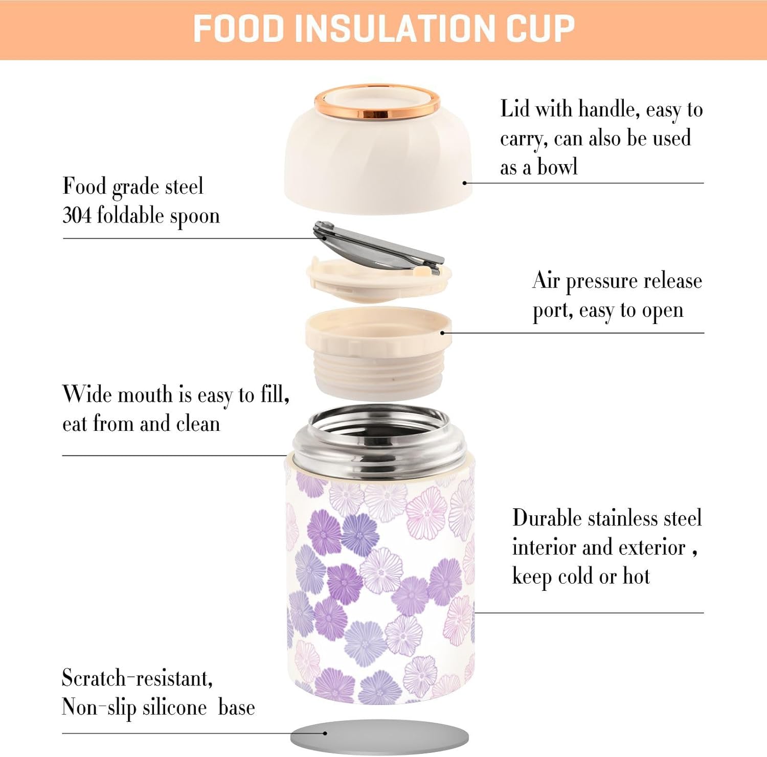 Dark Purple Pink Doodle Kids Womens Insulated Food Jar with Spoon 17oz500ml Food Jar Insulated Stainless Steel Vacuum Food Warmer Food Container for
