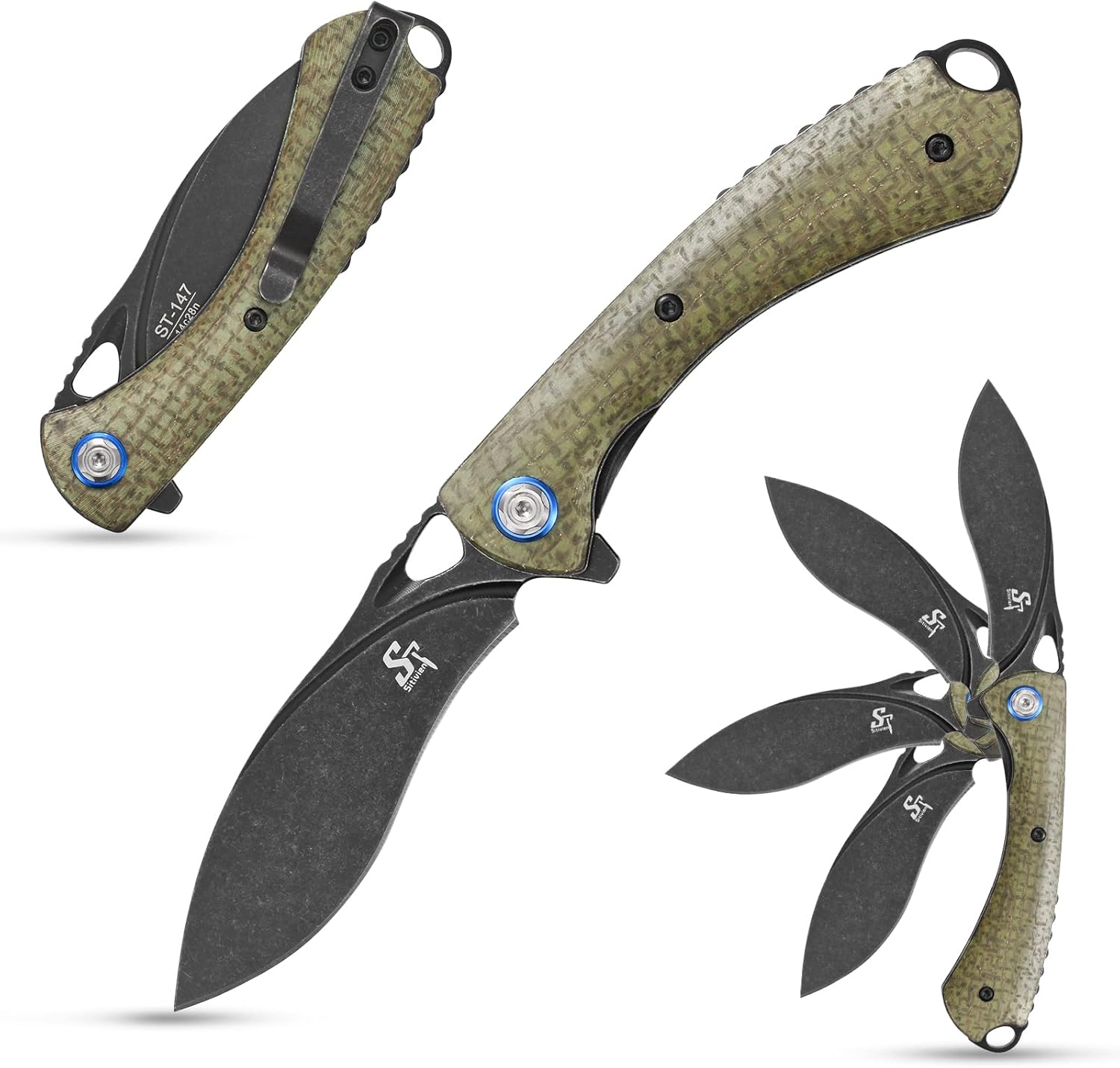 Sitivien ST147 – Cuchillo de bolsillo plegable, hoja de acero 14C28N lavada a la piedra negra con mango de micarta, cuchillo de herramienta EDC para