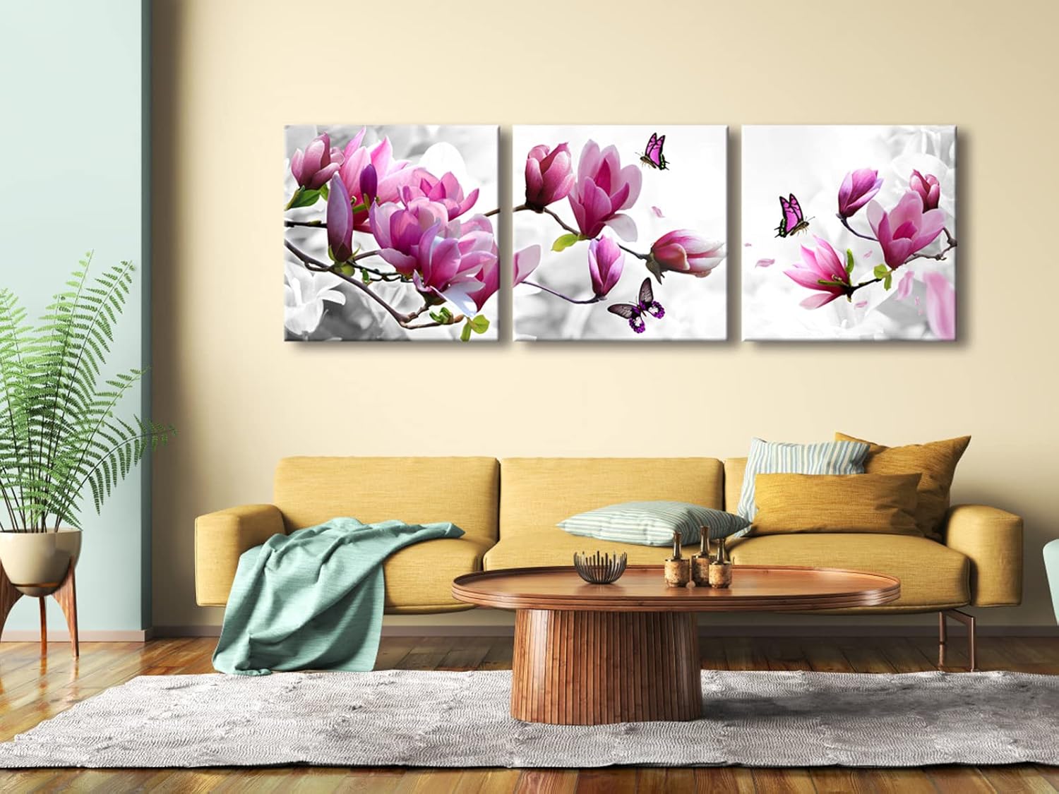 Wieco Art Mariposa en lienzo de magnolia, arte de pared, 3 piezas, flores moradas, pinturas para sala de estar, dormitorio, decoración del hogar,