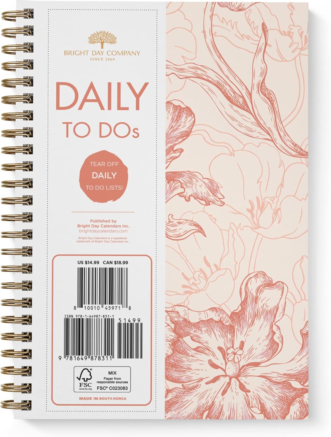 Bright Day – Planificador de lista de tareas diarias sin fecha, cuaderno de gestión del tiempo sin fecha, organizador en espiral de 8.25 x 6.25