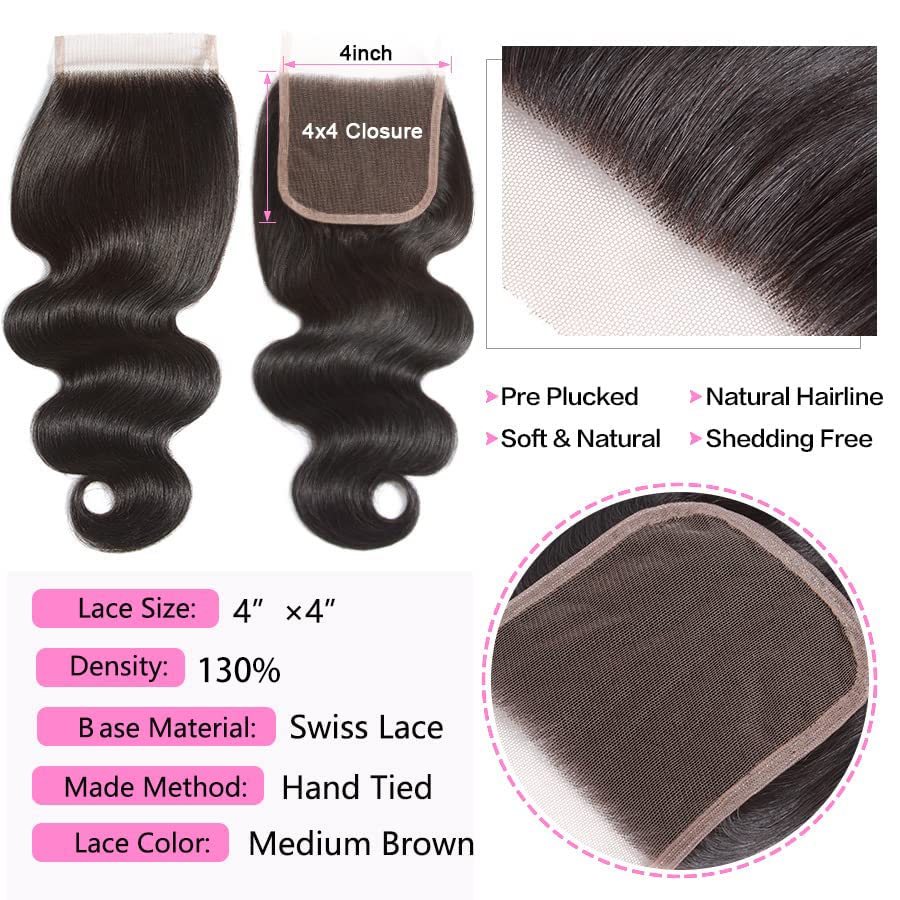 Cierre de cabello humano ondulado con parte libre 4 × 4, cierre de encaje transparente suizo 100% sin procesar, cabello humano brasileño ondulado,
