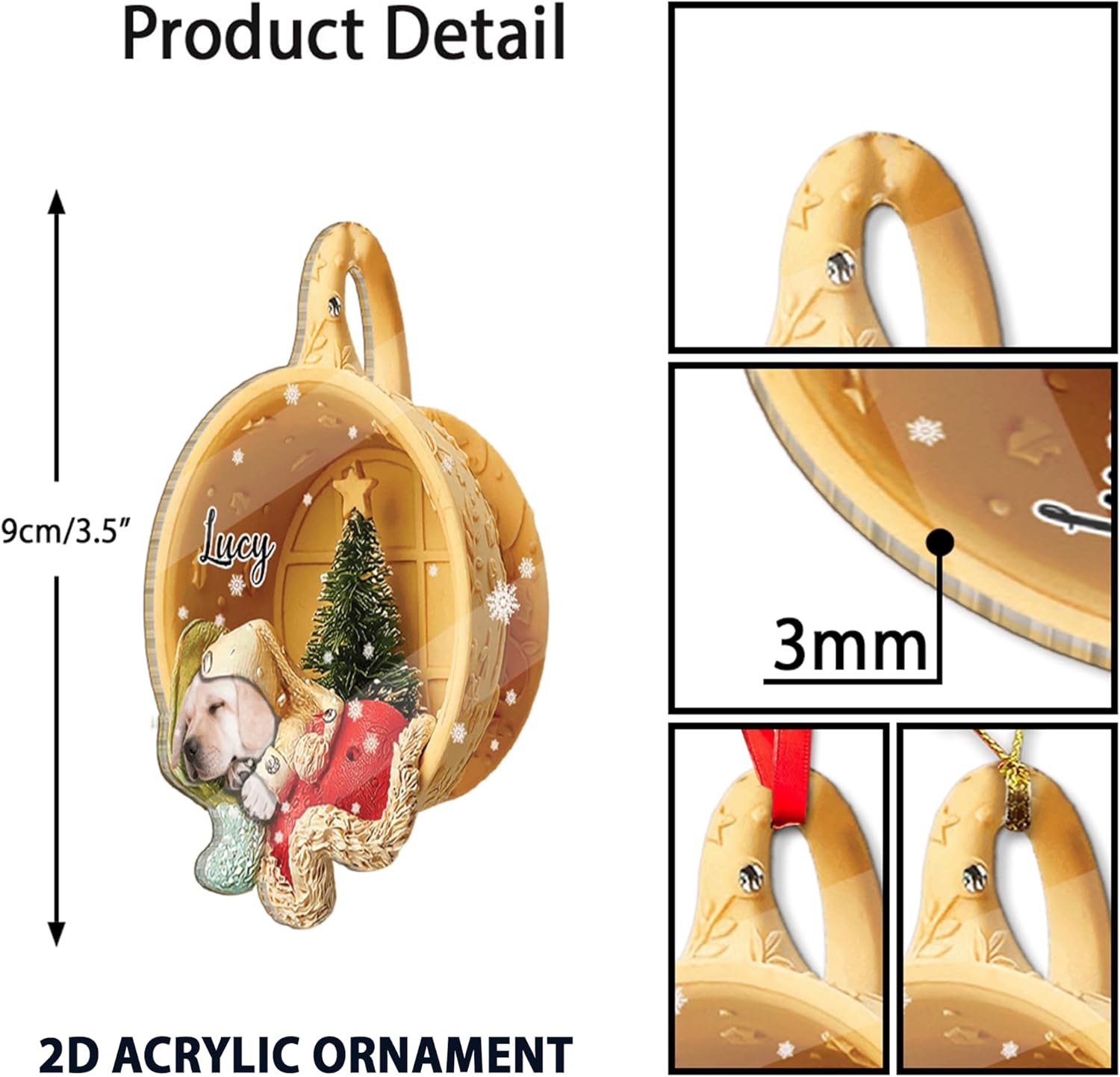 Adorno de Navidad personalizado de CatIn A Cup, adorno de Navidad acrílico plano 2D para perro, adorno de Navidad personalizado para perro,