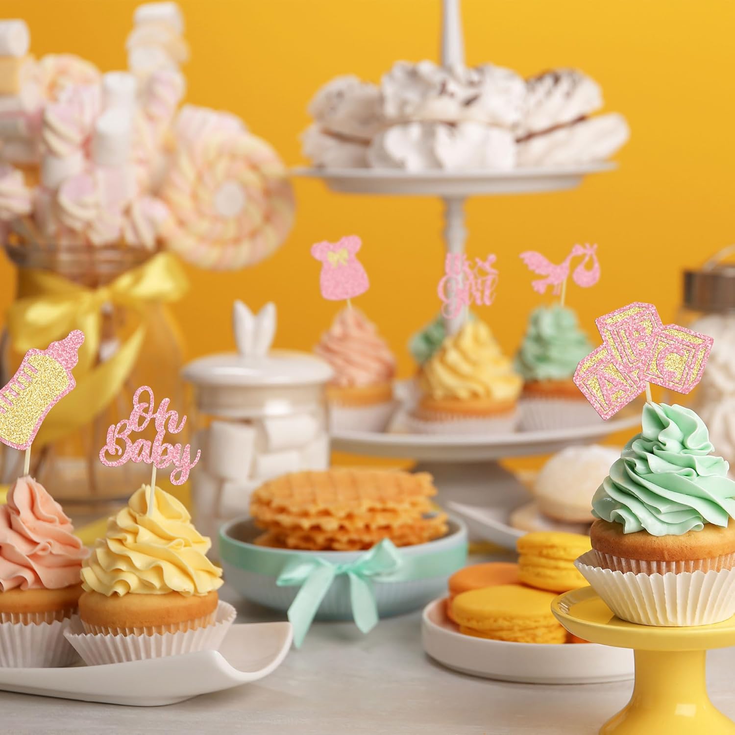 Gyufise 24 adornos para cupcakes Oh Baby Glitter It’s a Girl Cupcake Picks Bow Dress Baby Shower Baby Shower Cake Decor para revelación de género