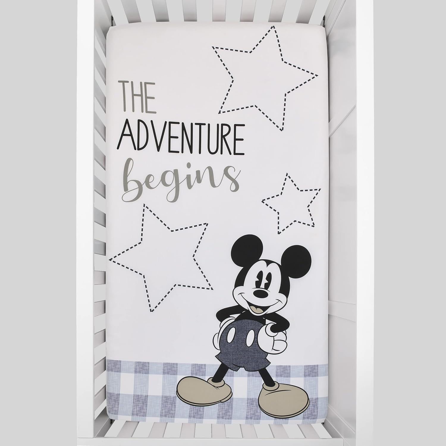 Disney Mickey Mouse – Call Me Mickey White and Blue The Adventure Begins Stars and Gingham 100% algodón Photo Op Nursery Sábana bajera ajustable