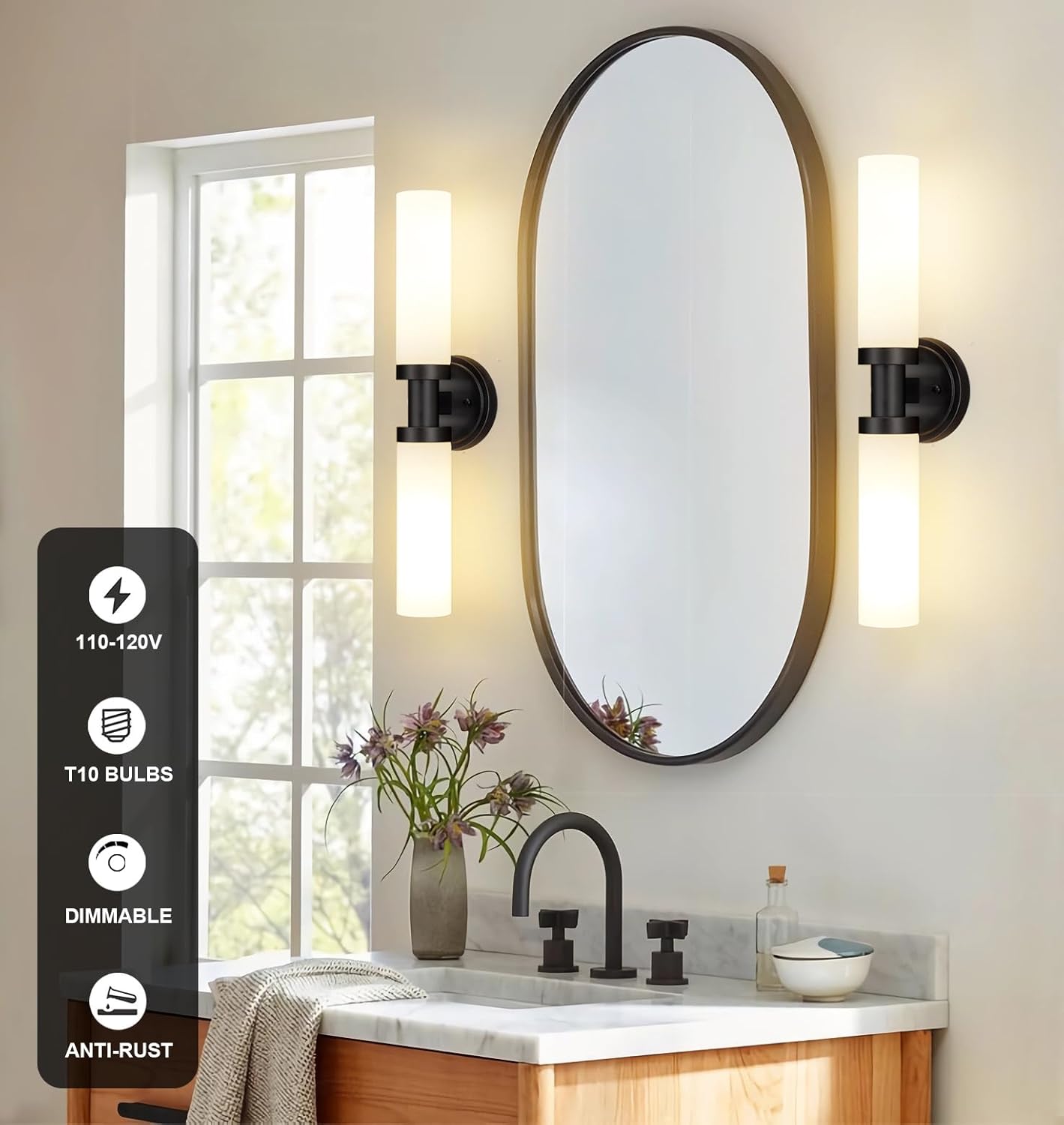 SANTOSTOCK Lámparas de baño negras, apliques de pared de 2 luces con pantalla de vidrio blanco, luces modernas de tocador para espejo, lámpara de