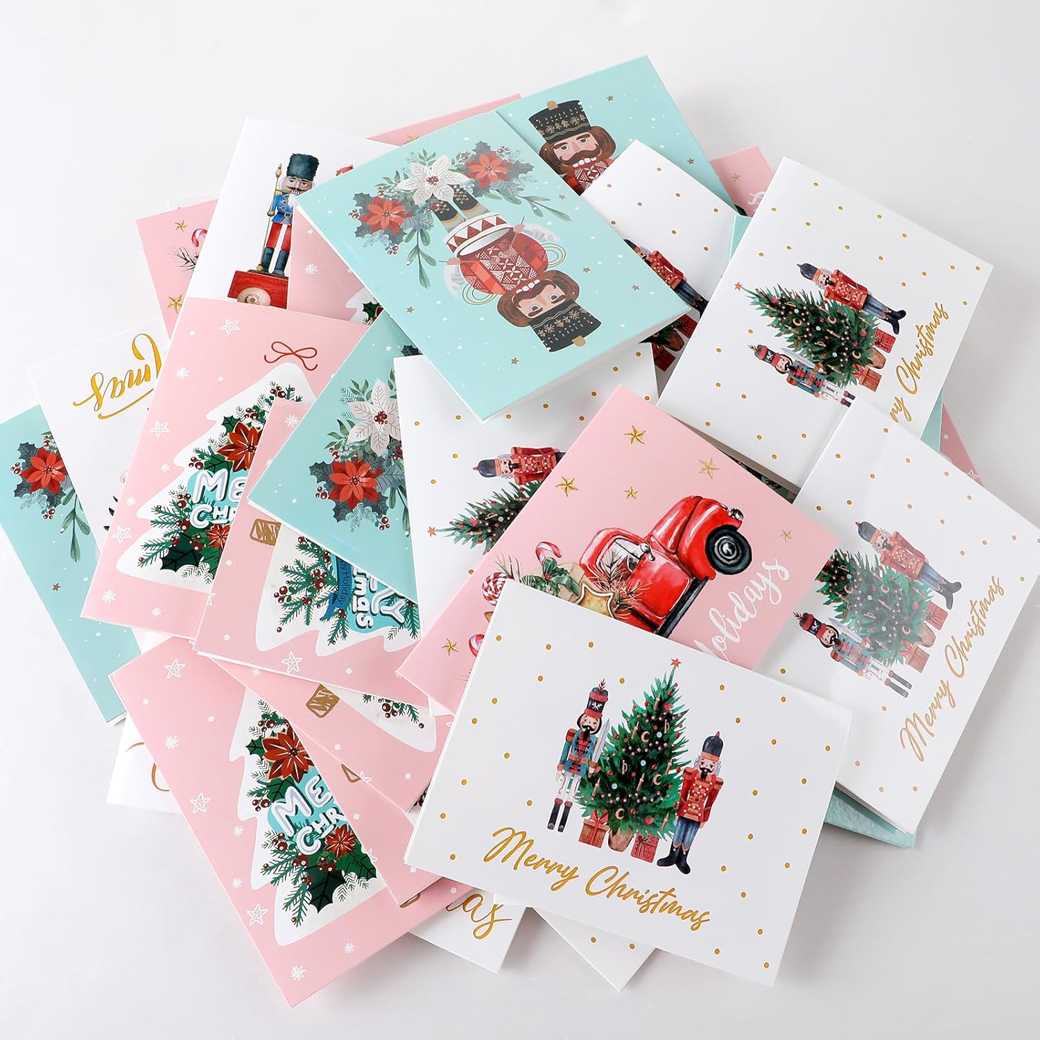 Colarr 60 juegos de tarjetas navideñas con sobres y calcomanías, tarjetas de notas festivas de Navidad, cascanueces, tarjetas de felicitación,