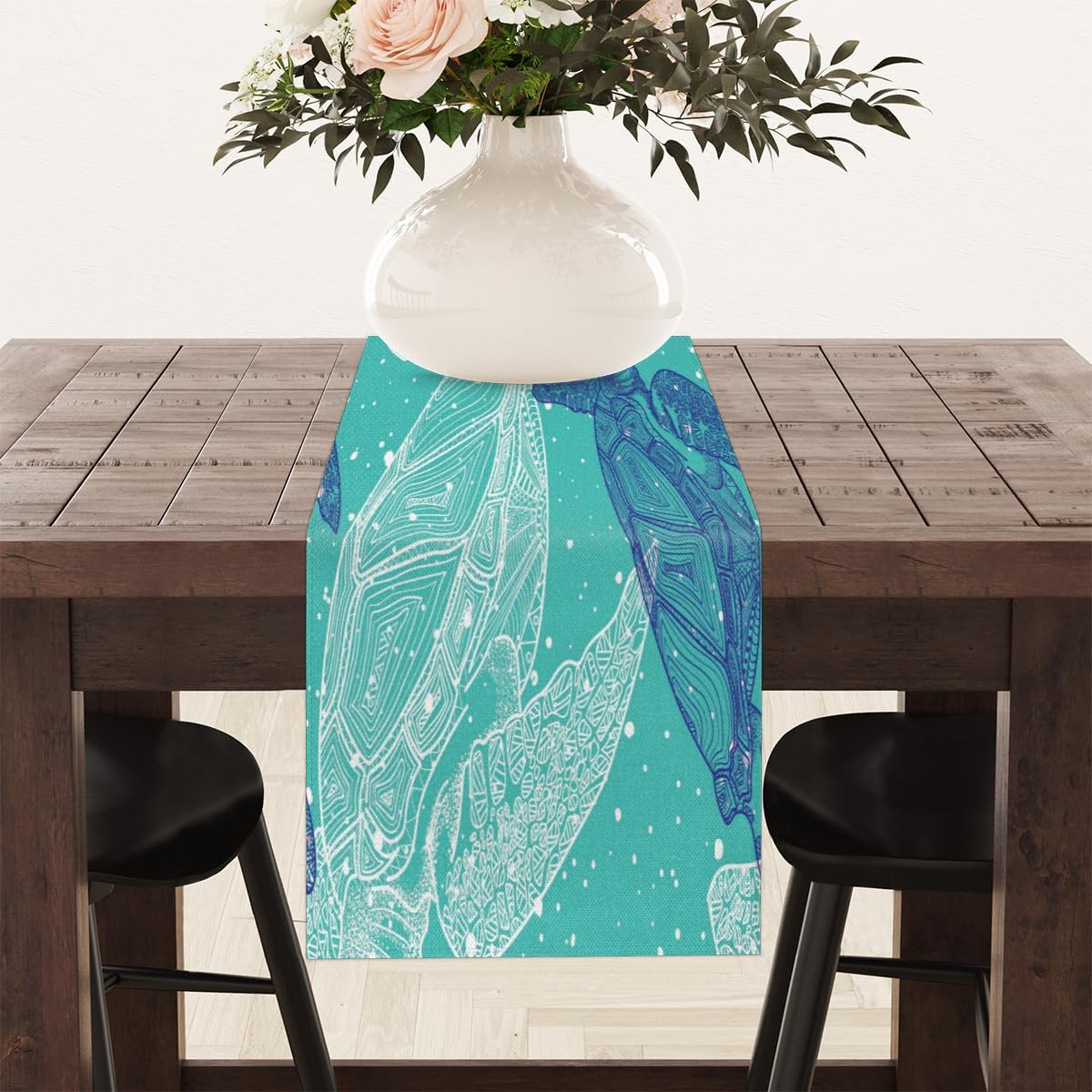 Table Runner Abstract Ocean Turtle, Rustic Linen Table Cloth, Kitchen Dining Table Decoration for Home Party Decor 13 x 48 Inches
