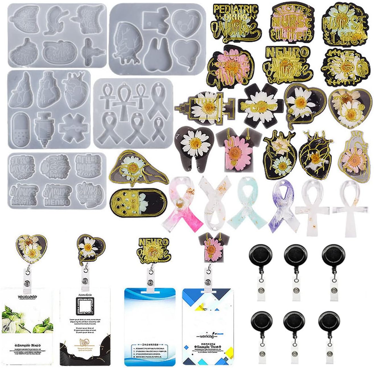 5 moldes para carrete de insignia con temática de médico y enfermera para resina, moldes de silicona para carretes de insignias con 6 soportes