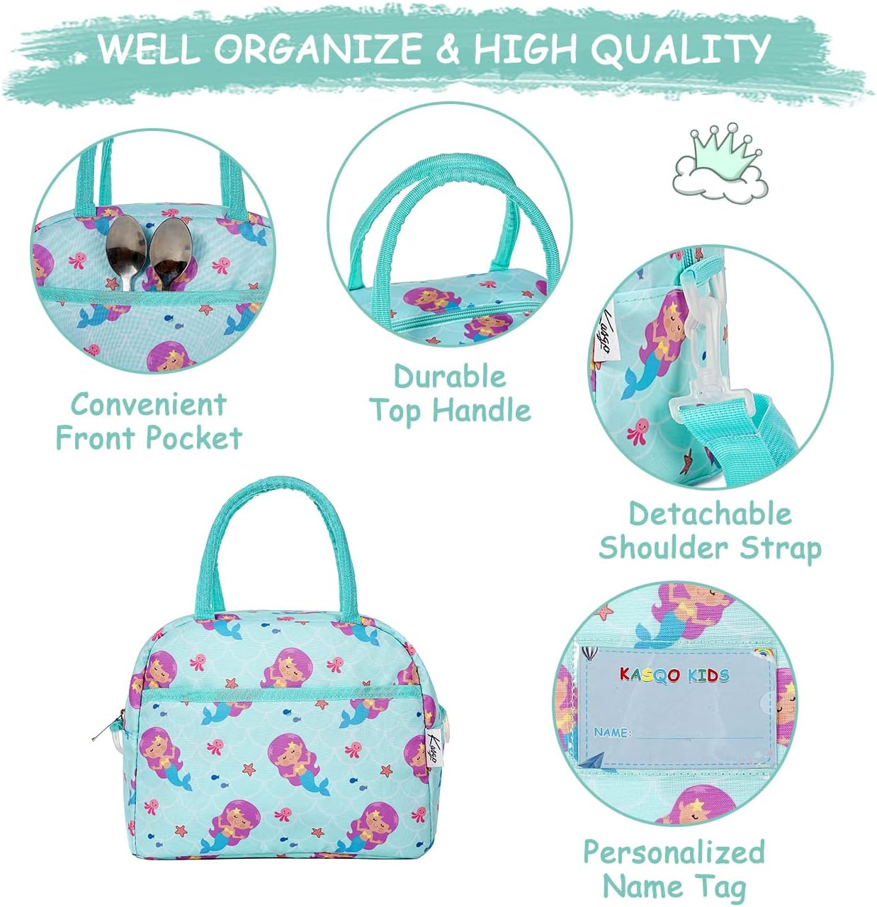 Kasqo Lonchera para niños, bolsa térmica aislada para niñas pequeñas con correa de hombro frontal y bolsillo, sirena