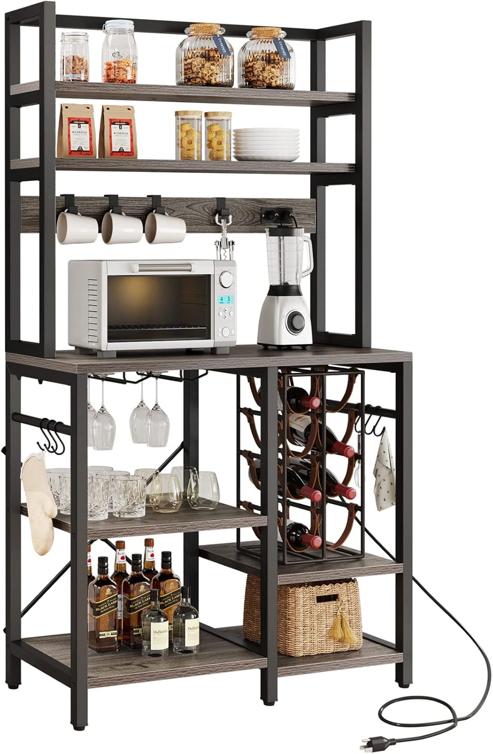 YITAHOME Barra de café con toma de corriente, soporte pequeño para microondas de cocina, estante para panaderos, estantes de almacenamiento de