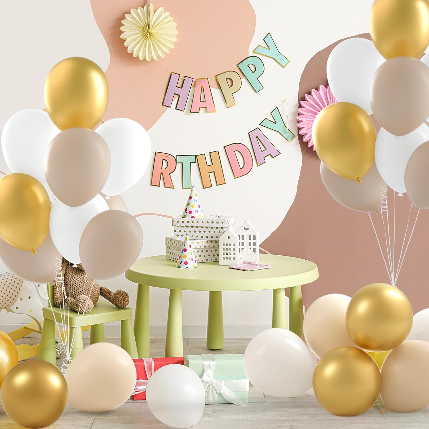 NEBURORA Kit de arco de guirnalda de globos de oro arena blanca, 60 piezas de 12 pulgadas, color blanco arena y dorado metálico para cumpleaños,
