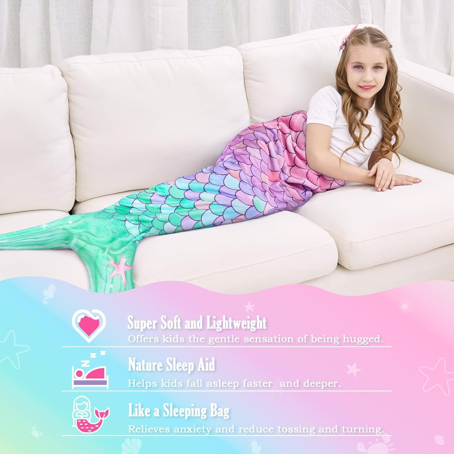 Manta de cola de sirena para niñas y niños, manta de sirena con monedero, manta de franela suave para acurrucarse, juego de regalo de cumpleaños