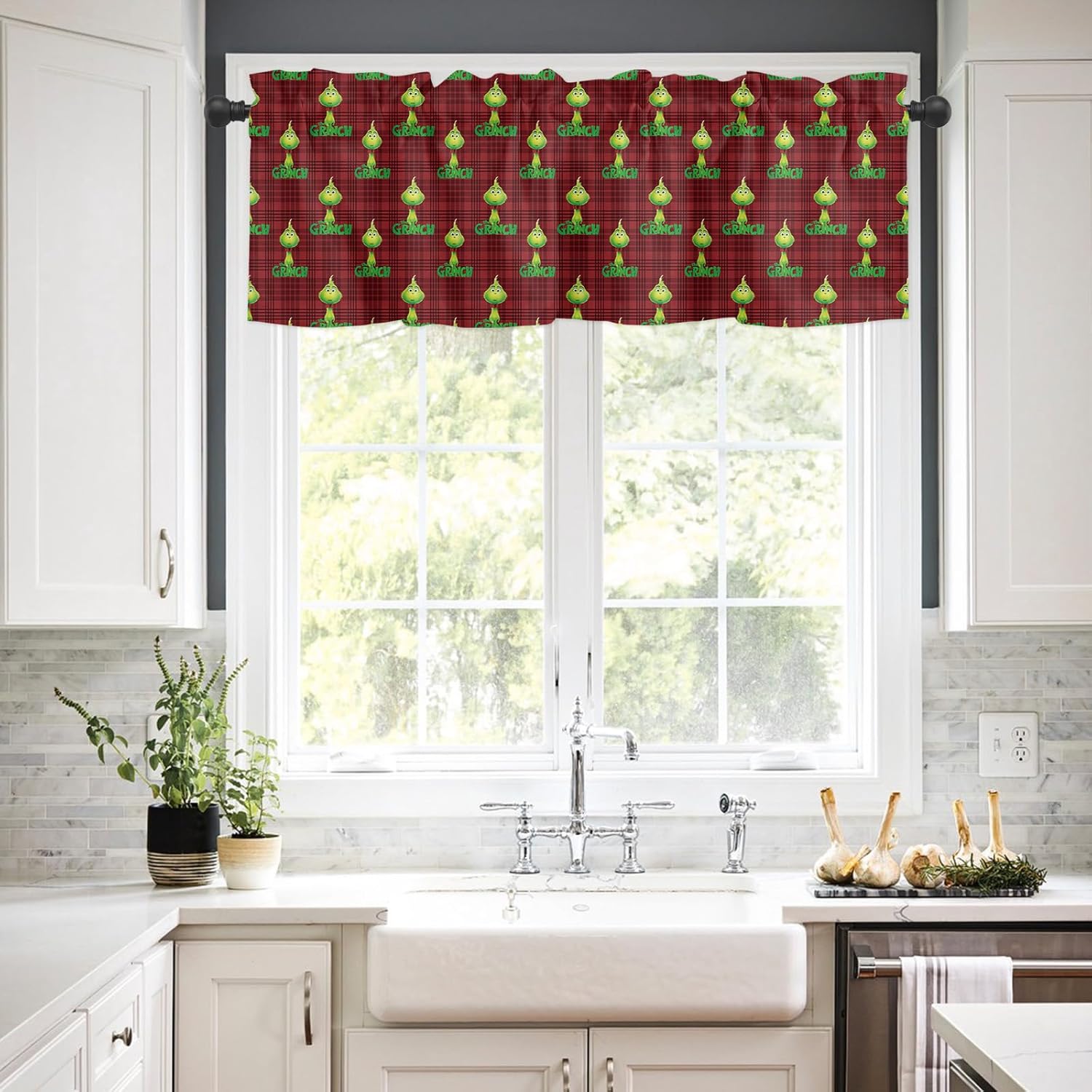 Cenefa de ventana de Navidad de monstruo verde de estilo retro para cocina, sala de estar, cortina de ventana de bebé para dormitorio, cenefa de