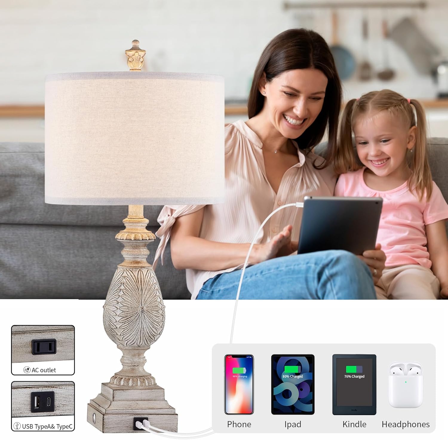 Juego de 2 lámparas de mesa regulables de 3 vías de 26.25 pulgadas con control táctil rústico con puertos de carga USB duales para dormitorio,