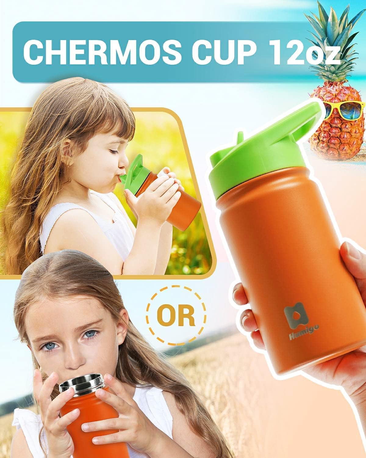 Botella de agua con pajilla, botella de agua aislada de 12 onzas, botella de agua para niños con doble pared aislada al vacío, botellas de agua de