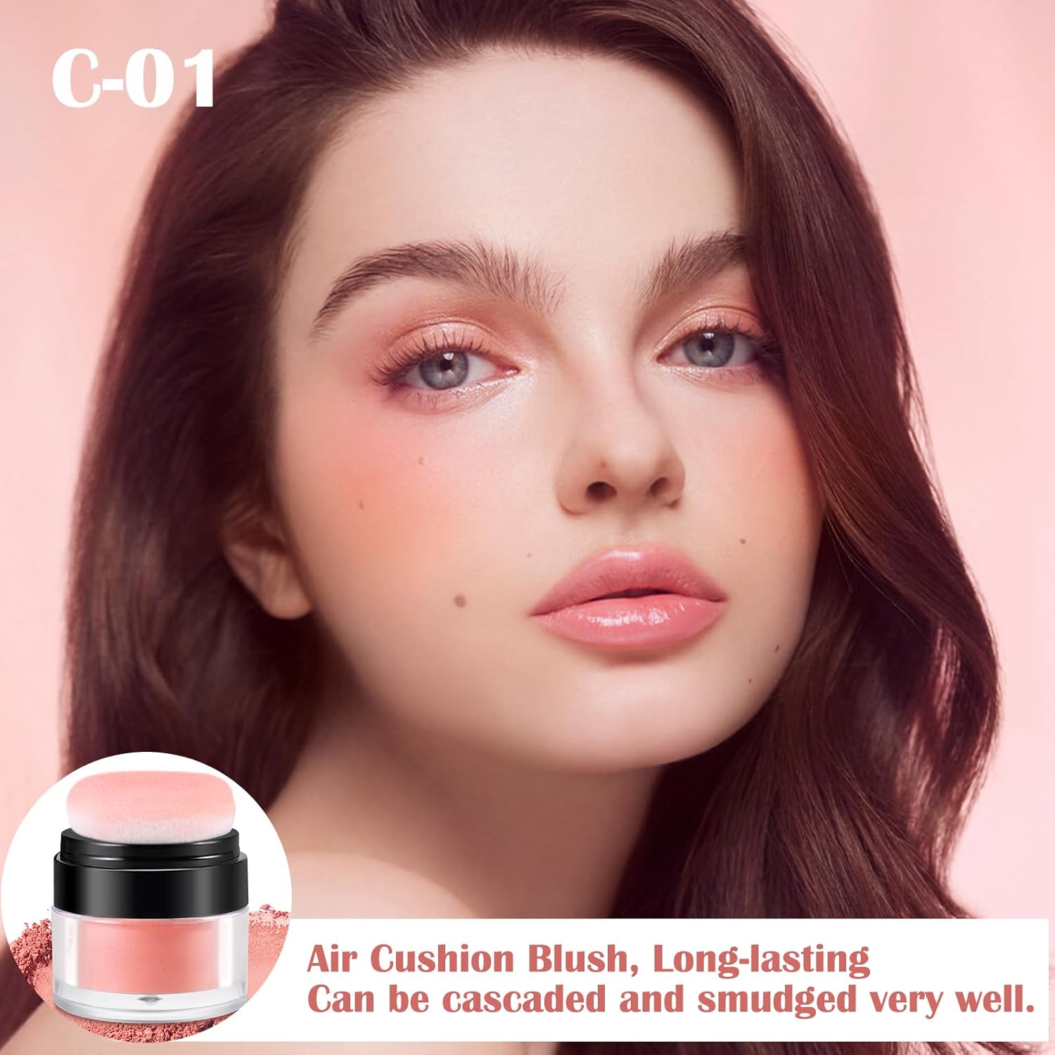 Boobeen Rubor suelto en polvo con cojín de aire, rubor natural mate para mejillas, maquillaje de rubor altamente pigmentado, fácil de mezclar, rubor
