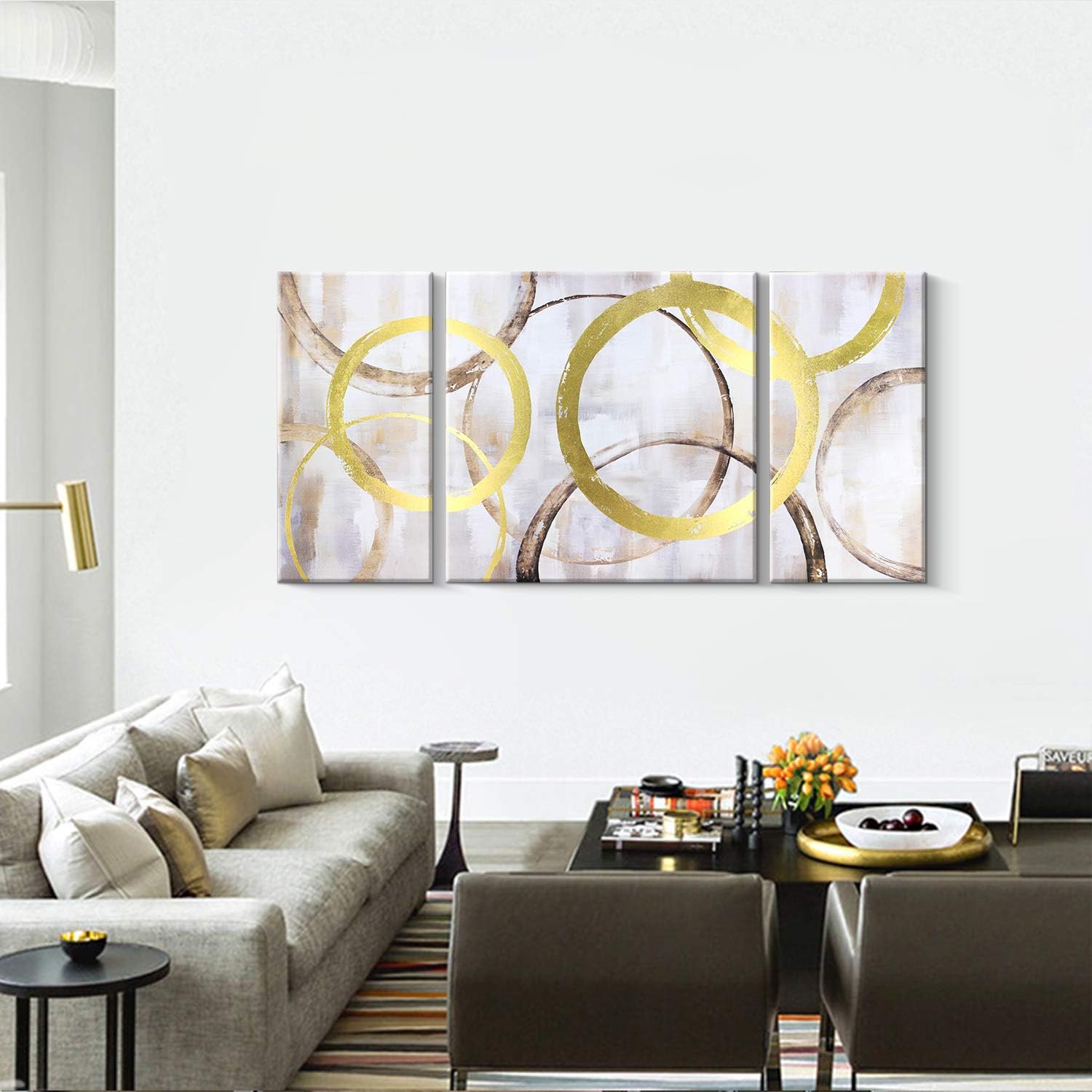 Pi Art Arte abstracto contemporáneo para pared, lámina de oro, círculos entrelazados, grande, decoración de pared estirada en madera