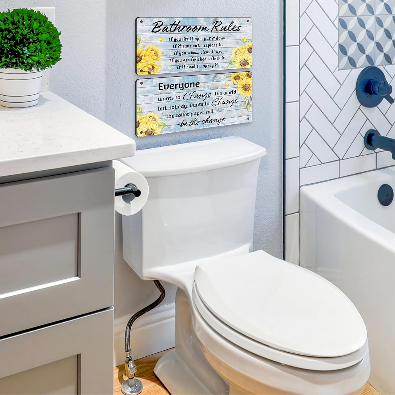 2 piezas de reglas de baño, decoración de pared divertidos de girasol, decoración de baño, decoración de playa, granja, decoración de baño de madera