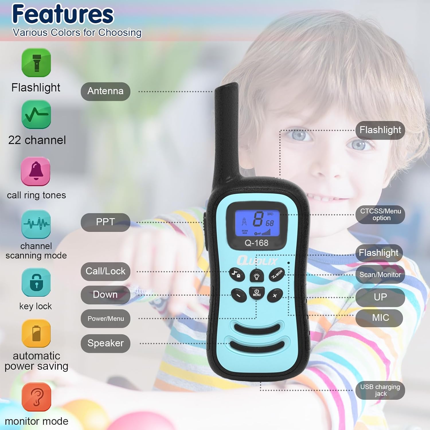 Walkie Talkies para niños, paquete de 2 unidades, juguete recargable para niños de 3 a 12 años, walkie talkie de largo alcance con 22 canales y