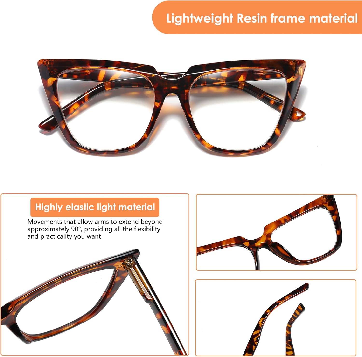KoKoBin Paquete de 4 lentes de lectura de gran tamaño para mujer, bisagra de resorte con bloqueo de luz azul, Negro, rojo, blanco y leopardo