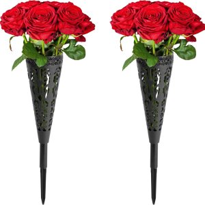 Wehhbtye Paquete de 2 conos florales de 13 pulgadas para decoración de cementerio conmemorativo, soporte floral de plástico con estaca larga y Wehhbtye Paquete de 2 conos florales de 13 pulgadas para decoración de cementerio conmemorativo, soporte floral de plástico con estaca larga y
