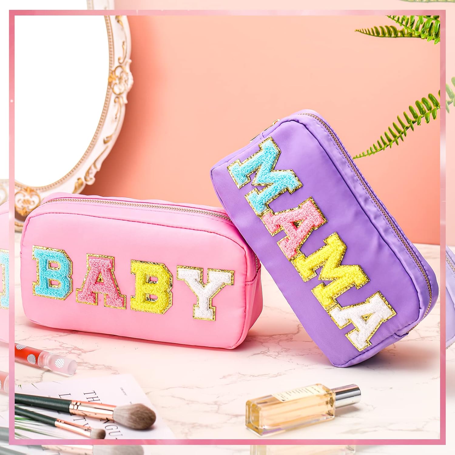 Sanwuta Bolsa de cosméticos de nailon, bolsa de maquillaje con letras de chenilla, bolsa de maquillaje con cremallera, bolsa de artículos de tocador