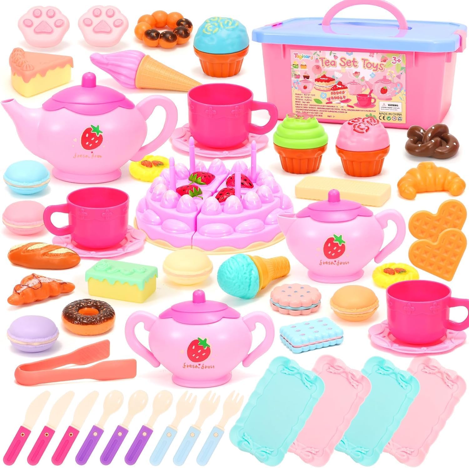 Tagitary Juego de fiesta de té para niñas pequeñas, juego de té de princesa, incluye galletas de postre, tetera, mantel y funda de transporte,