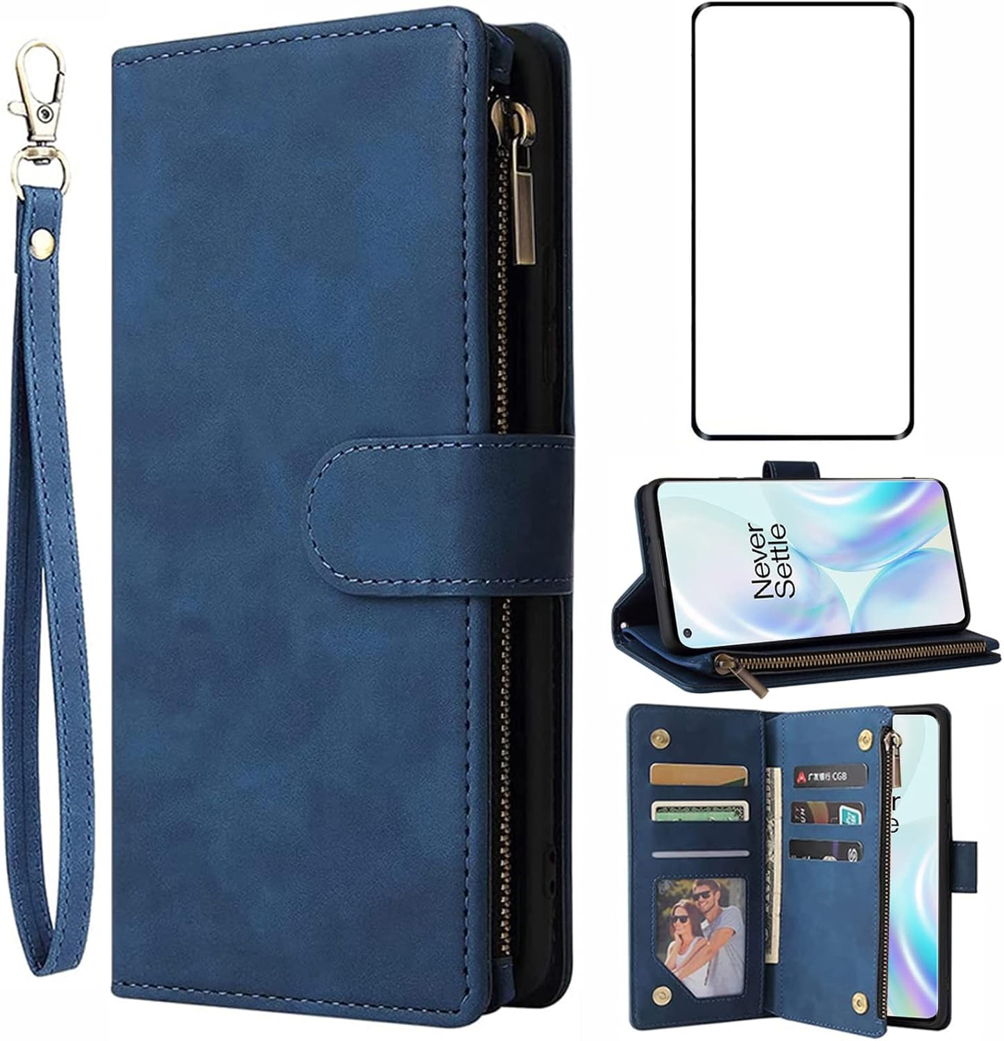 Asuwish Funda compatible con OnePlus 8 Pro One Plus 8Pro 5G, protector de pantalla de vidrio templado y funda de cuero con tapa para tarjetas,
