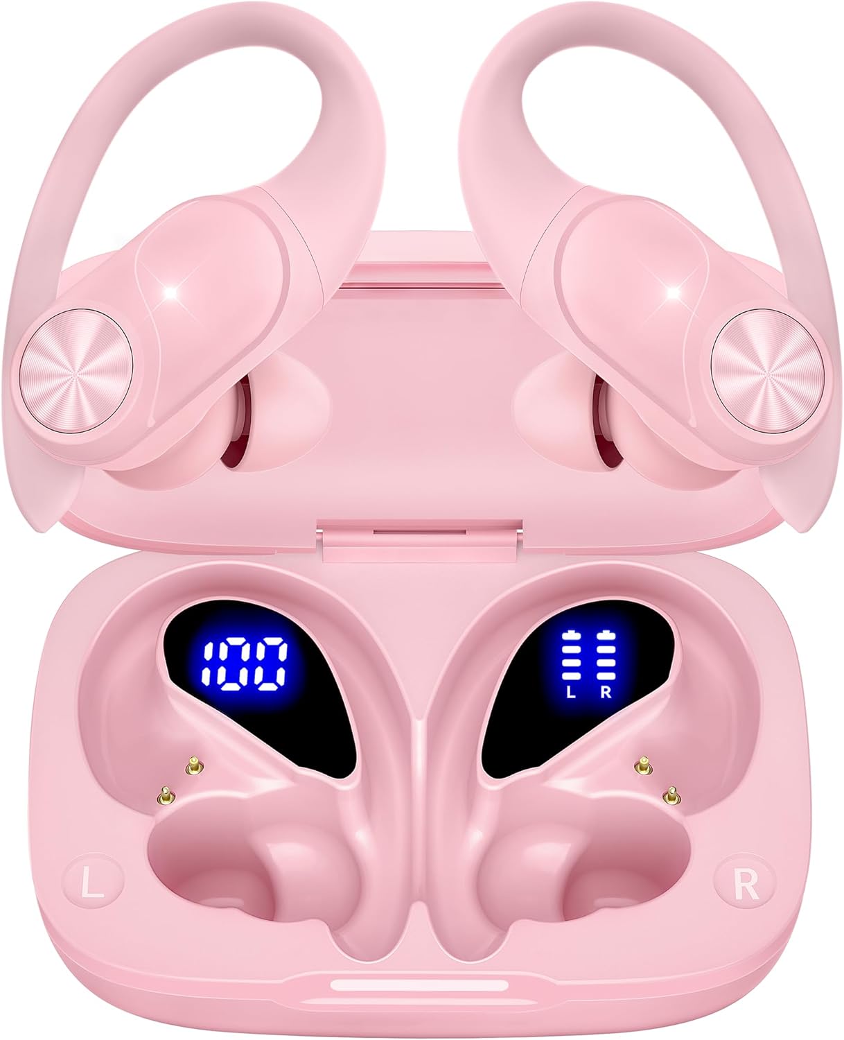 Auriculares Bluetooth inalámbricos 80 horas de reproducción, estuche de carga inalámbrica, pantalla digital, auriculares deportivos con gancho para