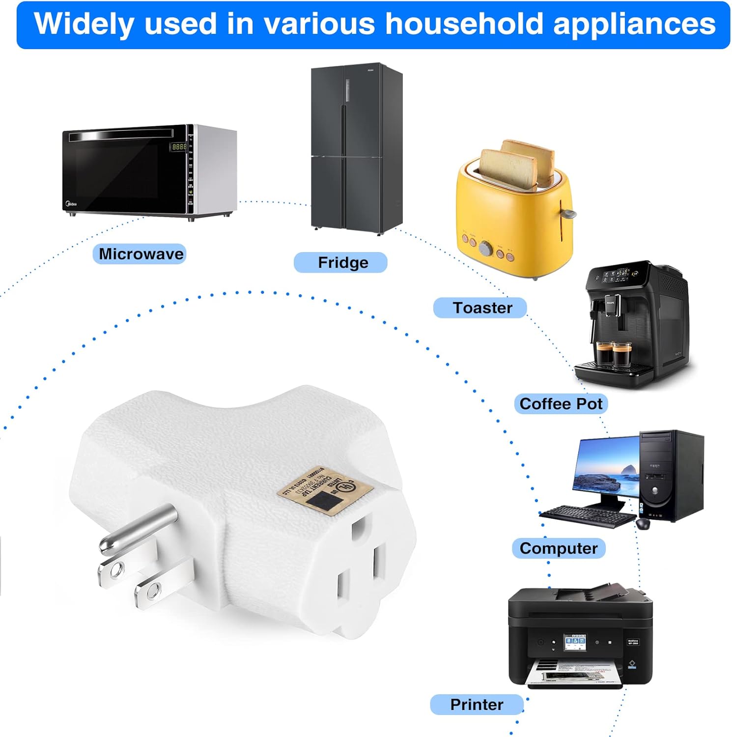 Adaptador de pared de 3 tomacorrientes en forma de T, extensor de enchufe de 3 clavijas con conexión a tierra, 125 V 1875 W, enchufe de pared