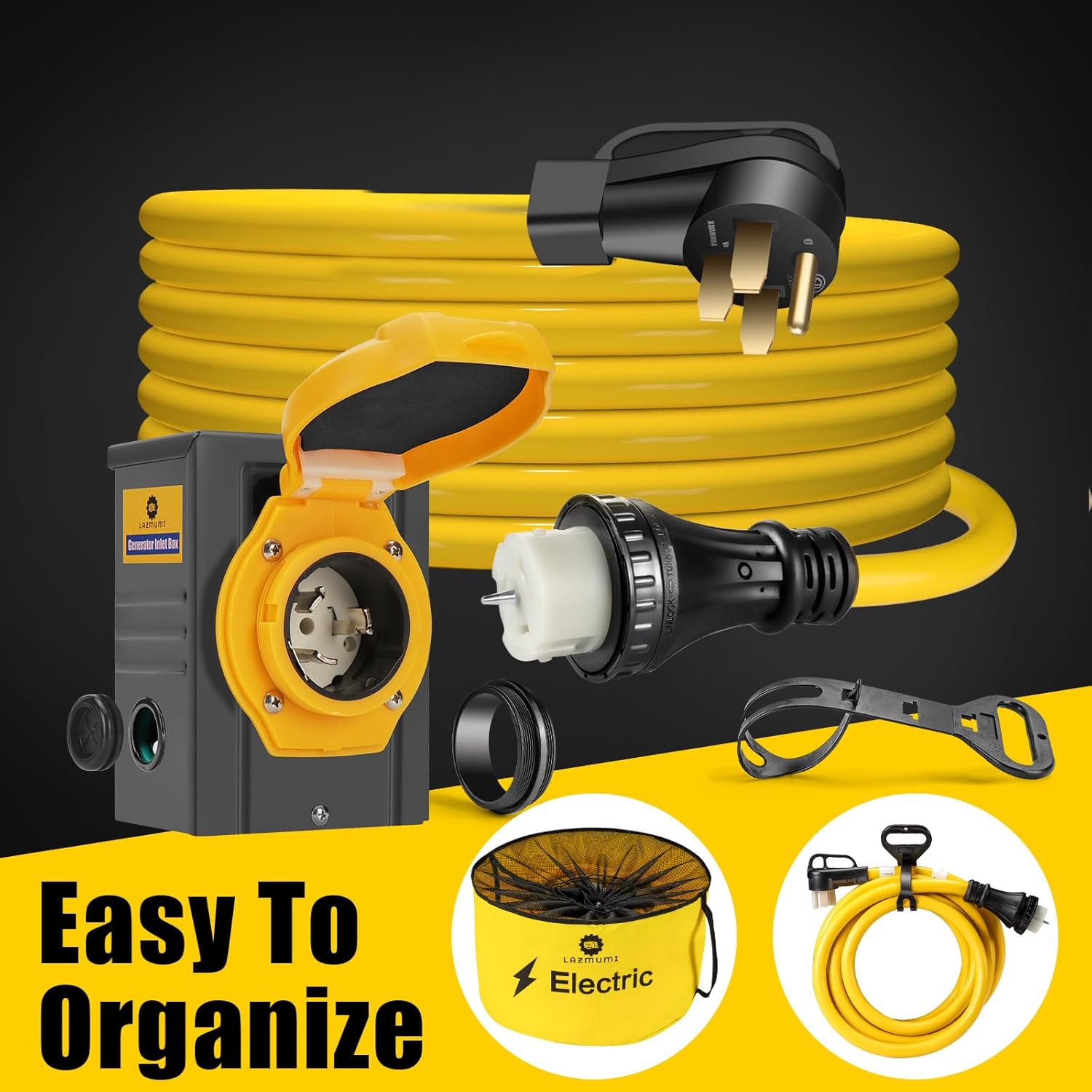 LAZMUMI Cable de alimentación para generador de 50 amperios y 25 pies y caja de entrada de alimentación, kit combinado impermeable, 125V250V 50A