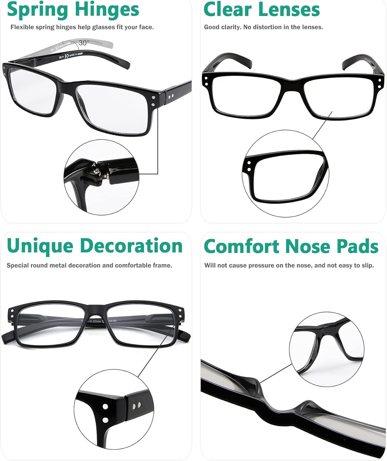 Eyekepper Paquete de 5 lentes de lectura para hombre, bisagras de resorte, gafas clásicas, marco negro, sin aumentos