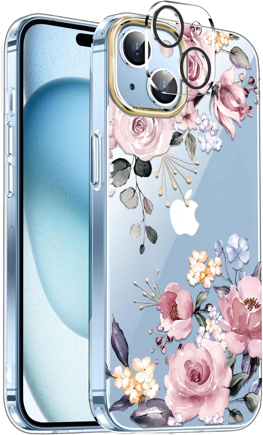 luolnh Funda compatible con iPhone 15 Plus, para mujeres y niñas, a prueba de golpes, transparente, patrón floral, carcasa trasera dura para iPhone