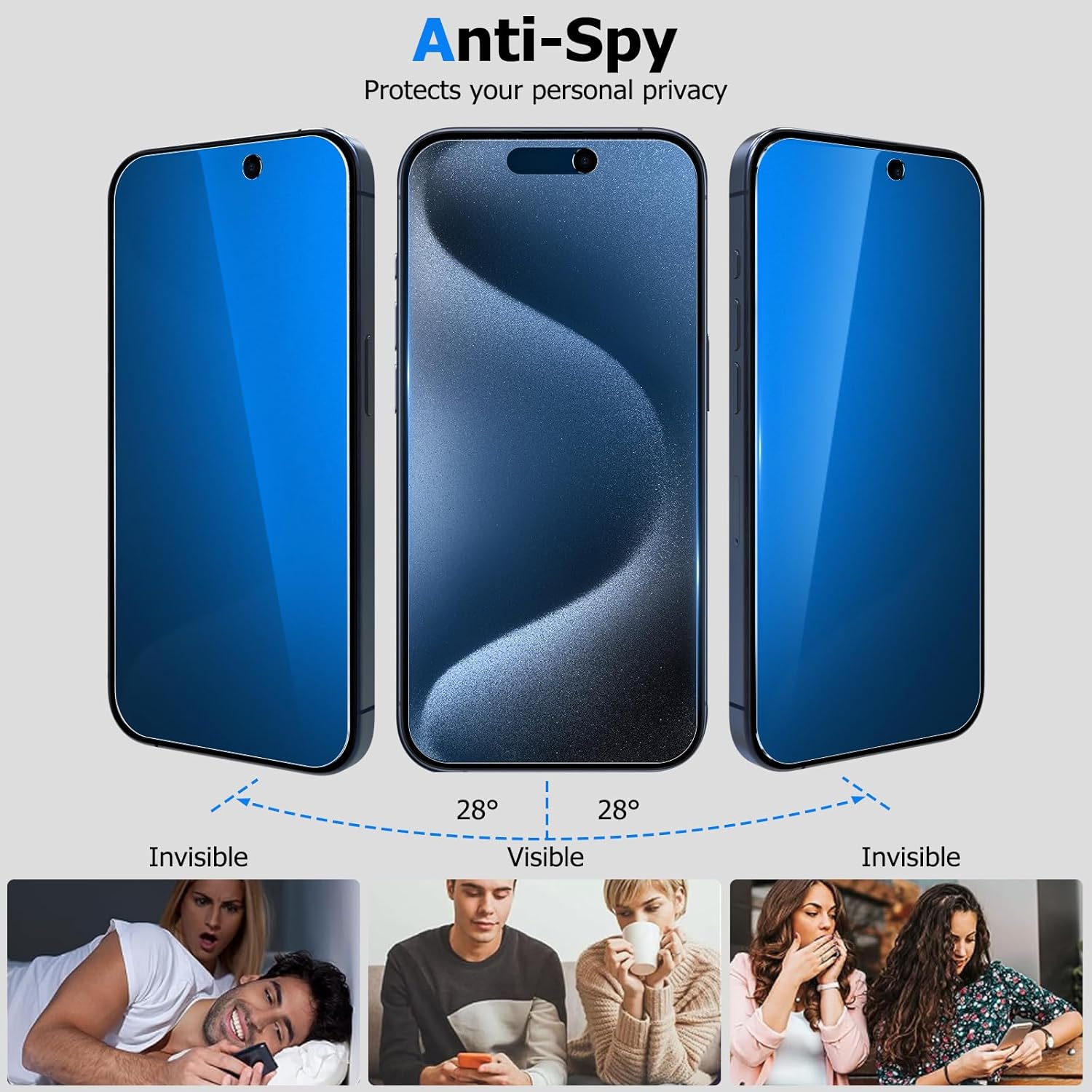 Protector de pantalla de privacidad para iPhone 15 Pro Max con protector de lente de cámara, anti espía antiluz azul, película de vidrio templado