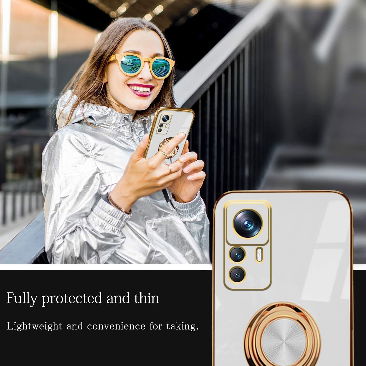 Compatible con Xiaomi 12T Pro Funda con soporte de anillo chapado patrón astronauta Soporte de anillo giratorio de 360  negro, funda para teléfono