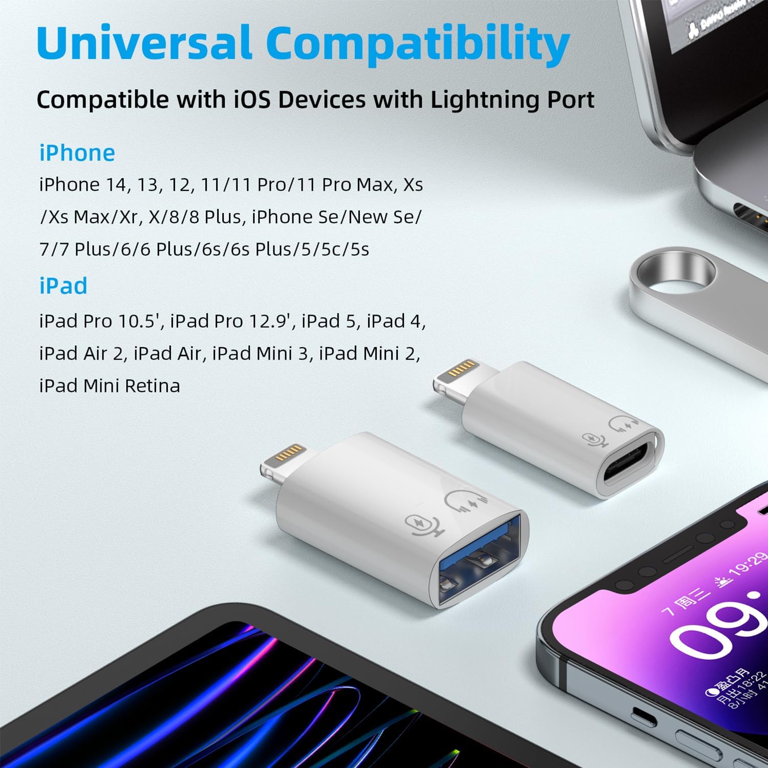 AreMe Paquete de 2 adaptadores USB CUSB 3.0 hembra a Lightning macho OTG para iPhoneiPad, compatible con lector de tarjetas, disco U, unidad flash