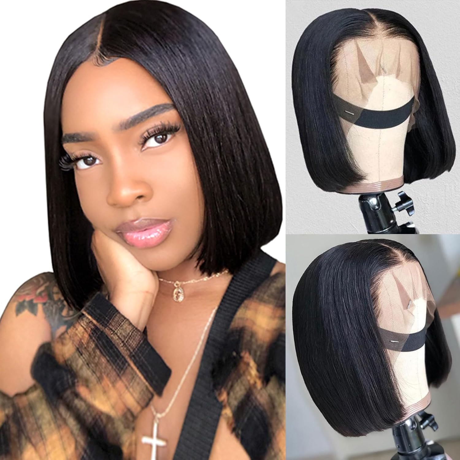 Peluca corta lacia estilo Bob con encaje frontal sin pegamento, predepilada, densidad del 180%, fácil de instalar con banda elástica para mujeres,