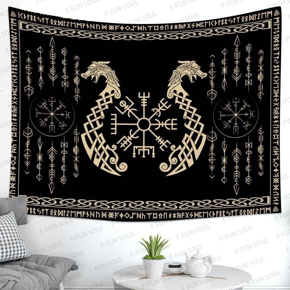 Tapiz de los vikingos nórdicos, franela suave grande de 40 x 30 pulgadas, símbolo Vegvsir gemelos dragones, runa celta escandinava, tapiz de