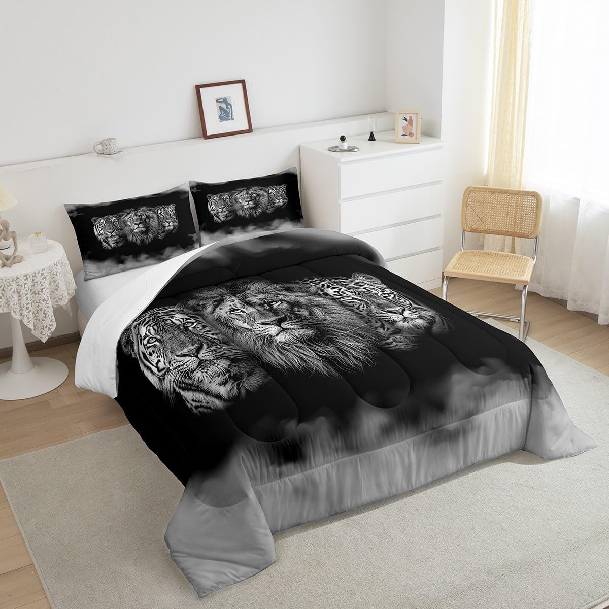 Juego de edredón de animales salvajes, tamaño Queen, juego de ropa de cama 3D de tigre, león, leopardo, 3 piezas para niños y hombres, decoración